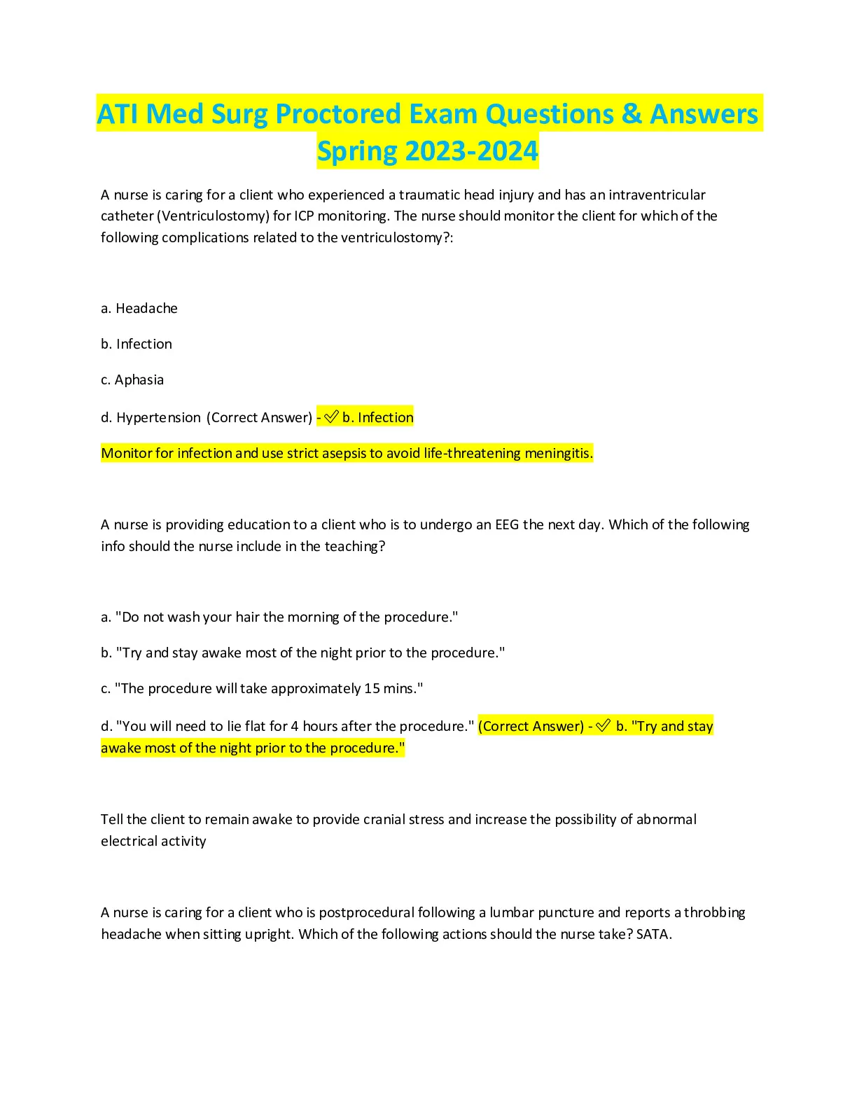 ATI Med Surg Proctored Exam Questions and Answers Spring 2023-2024 ...