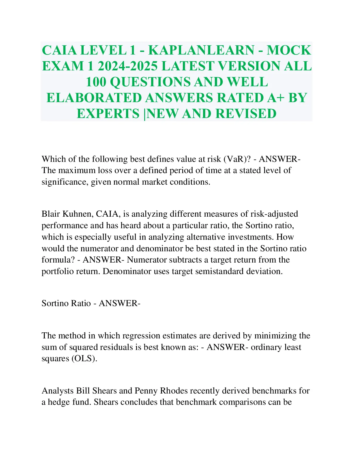 CAIA LEVEL 1 - KAPLANLEARN - MOCK EXAM 1 2024-2025 LATEST VERSION ALL ...
