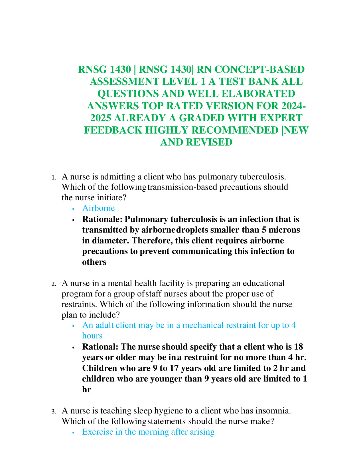 RNSG 1430 | RNSG 1430| RN CONCEPT-BASED ASSESSMENT LEVEL 1 A TEST BANK ALL QUESTIONS AND WELL ELABO