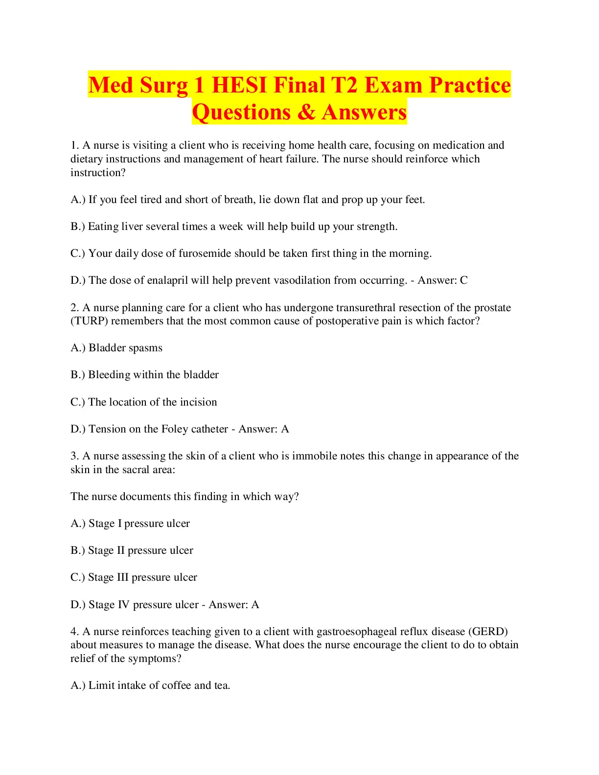 Med Surg 1 HESI Final T2 Exam Practice Questions and Answers - DocMerit