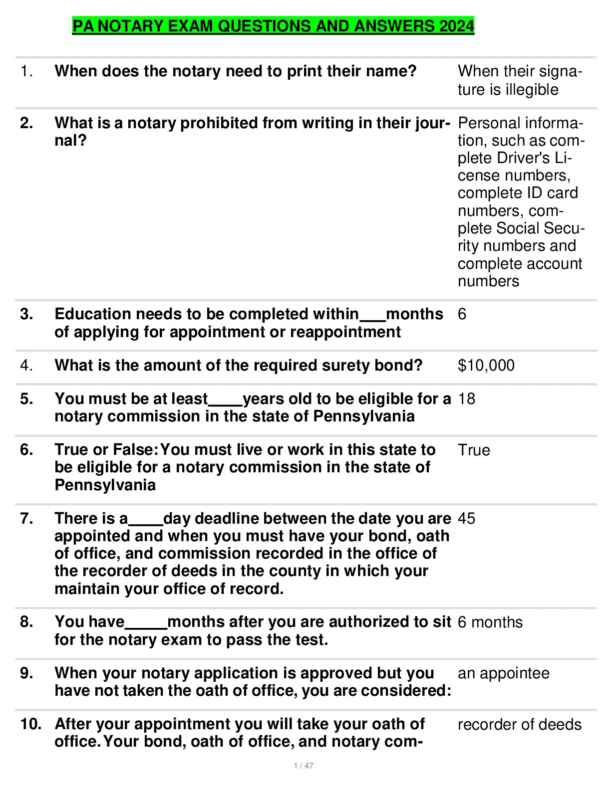PA NOTARY EXAM QUESTIONS AND ANSWERS 2023-2024, PA NOTARY PUBLIC EXAM ...