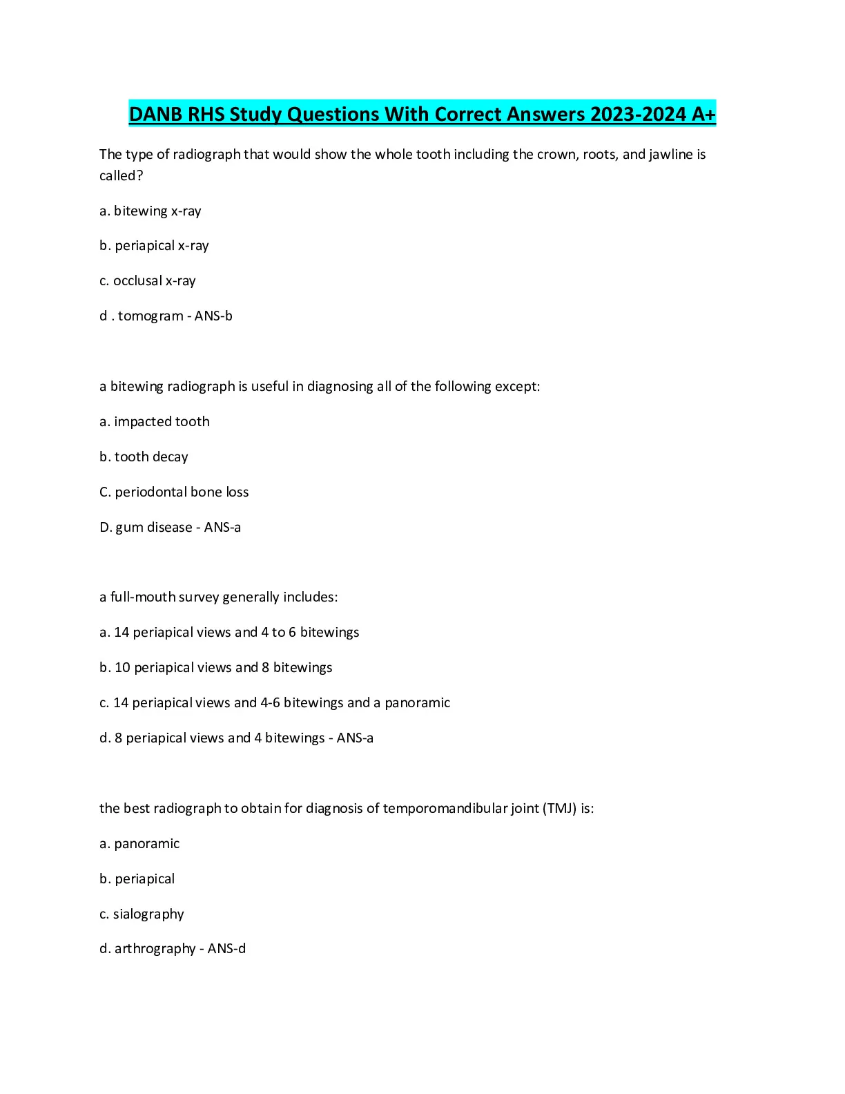 DANB RHS Study Questions With Correct Answers 2023-2024 A+ - DocMerit