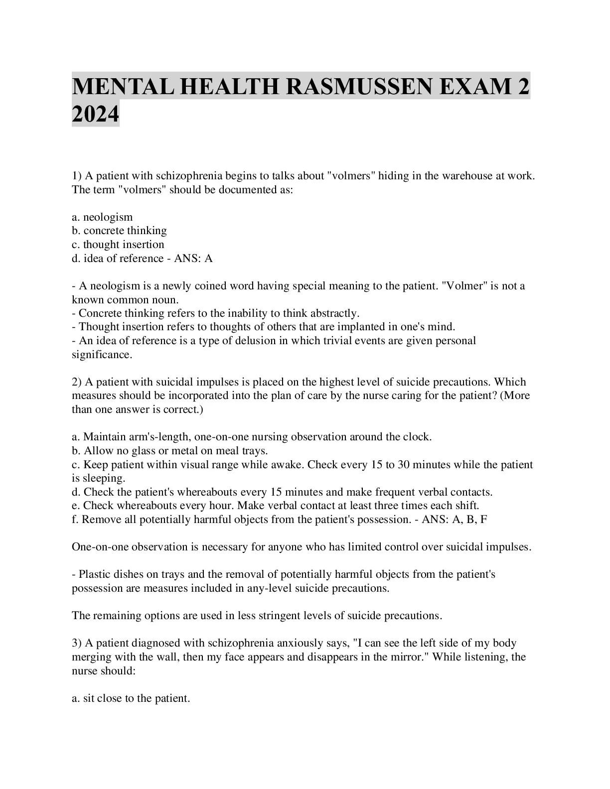 MENTAL HEALTH RASMUSSEN EXAM 2 2024