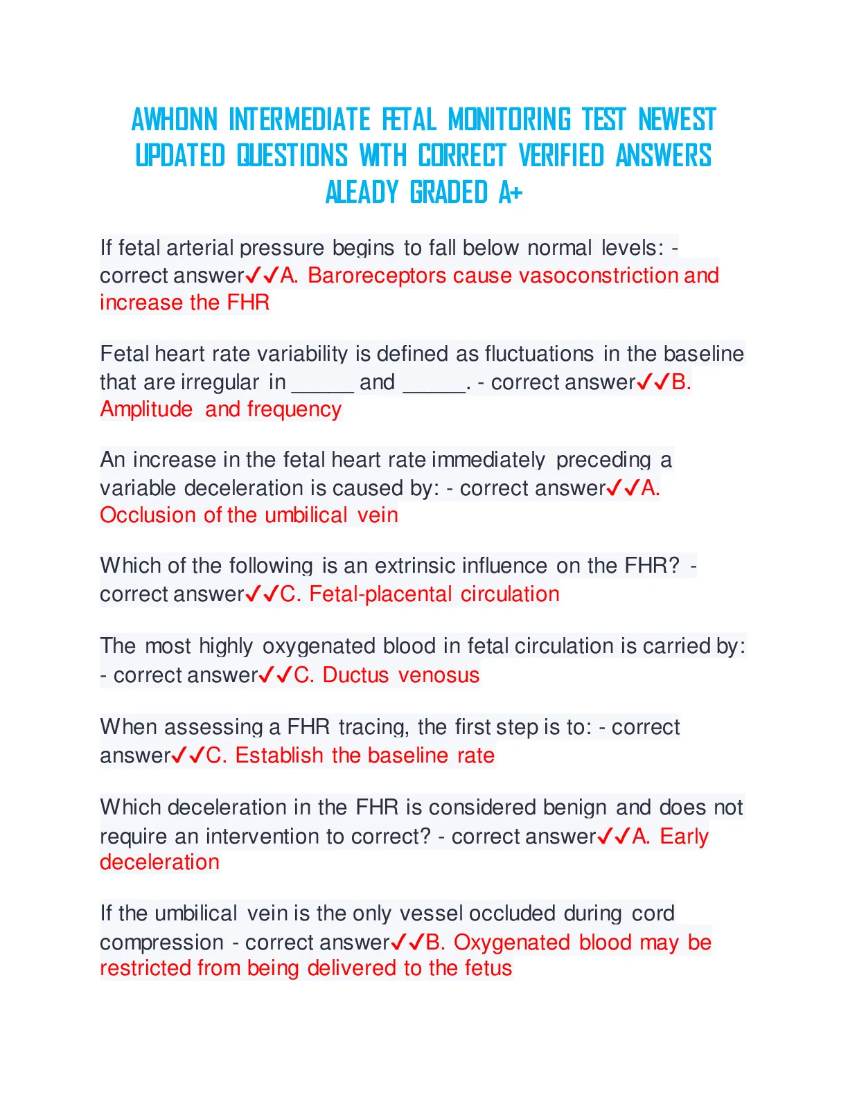 AWHONN INTERMEDIATE FETAL MONITORING TEST NEWEST UPDATED QUESTIONS WITH ...