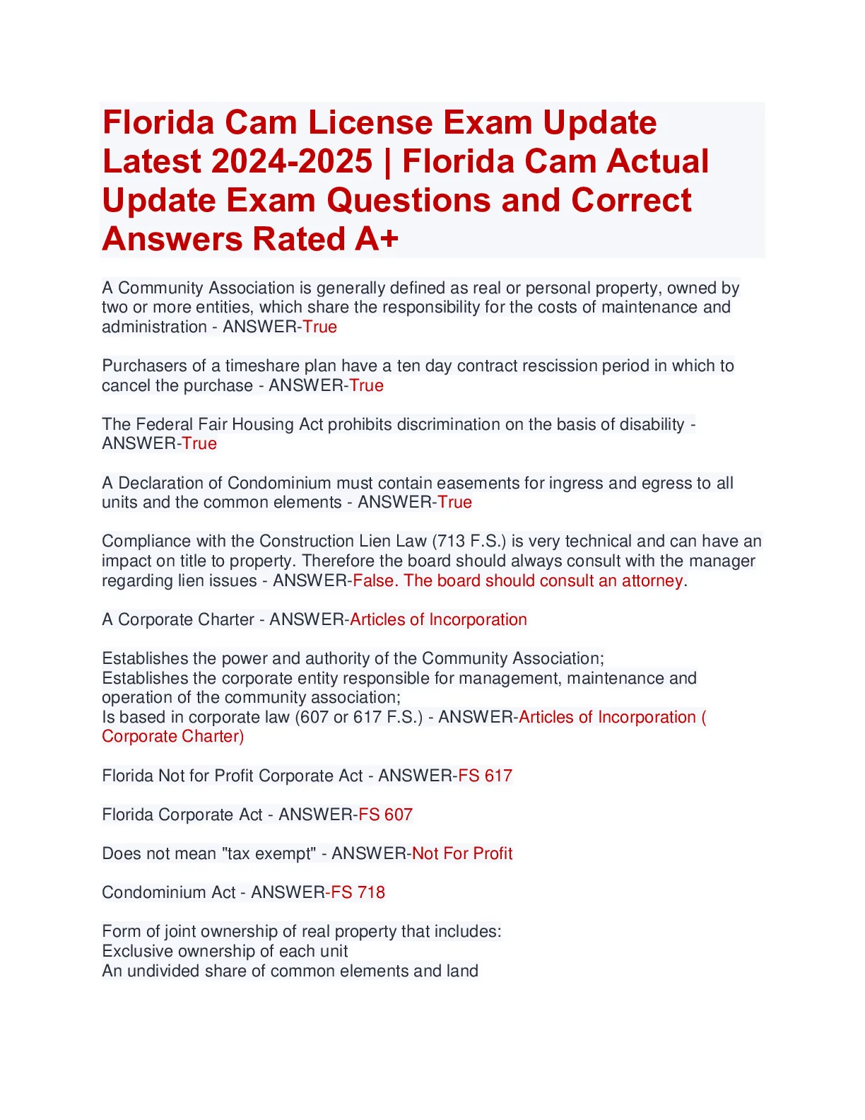 Florida Cam License Exam Update Latest 2024-2025 | Florida Cam Actual ...