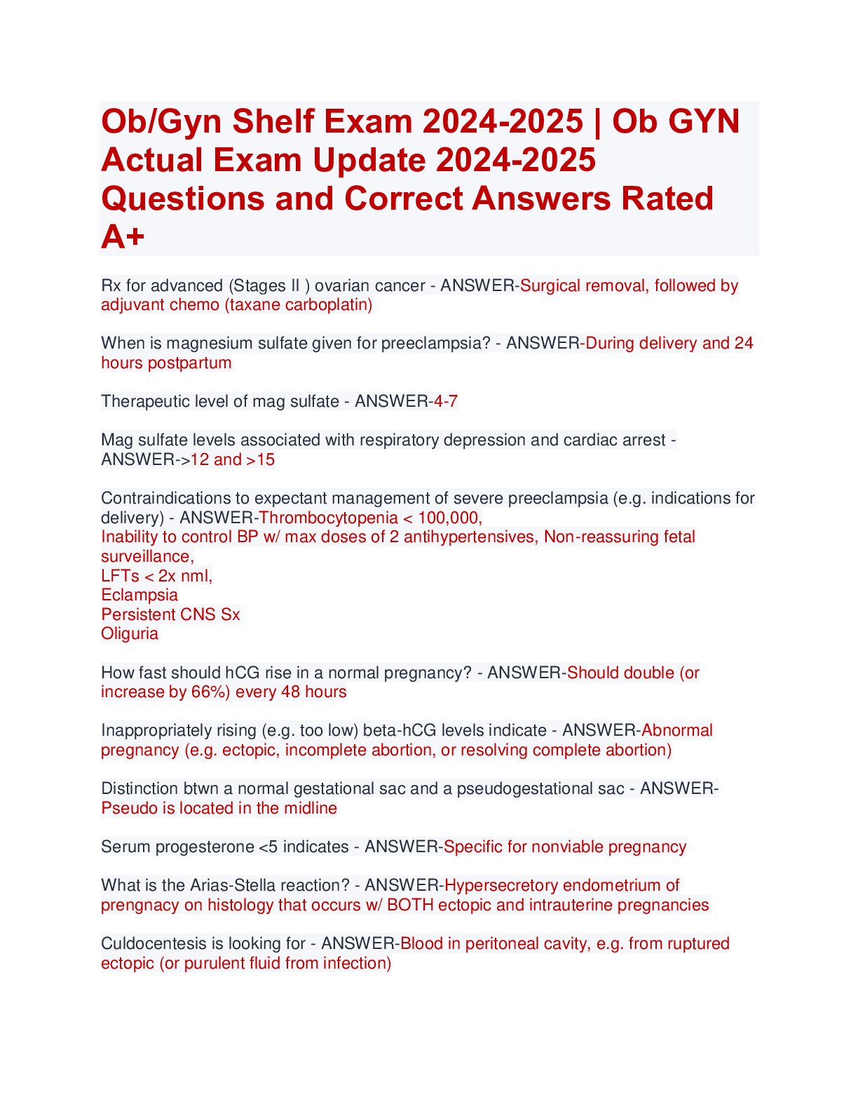 Ob/Gyn Shelf Exam 20242025 Ob GYN Actual Exam Update 20242025
