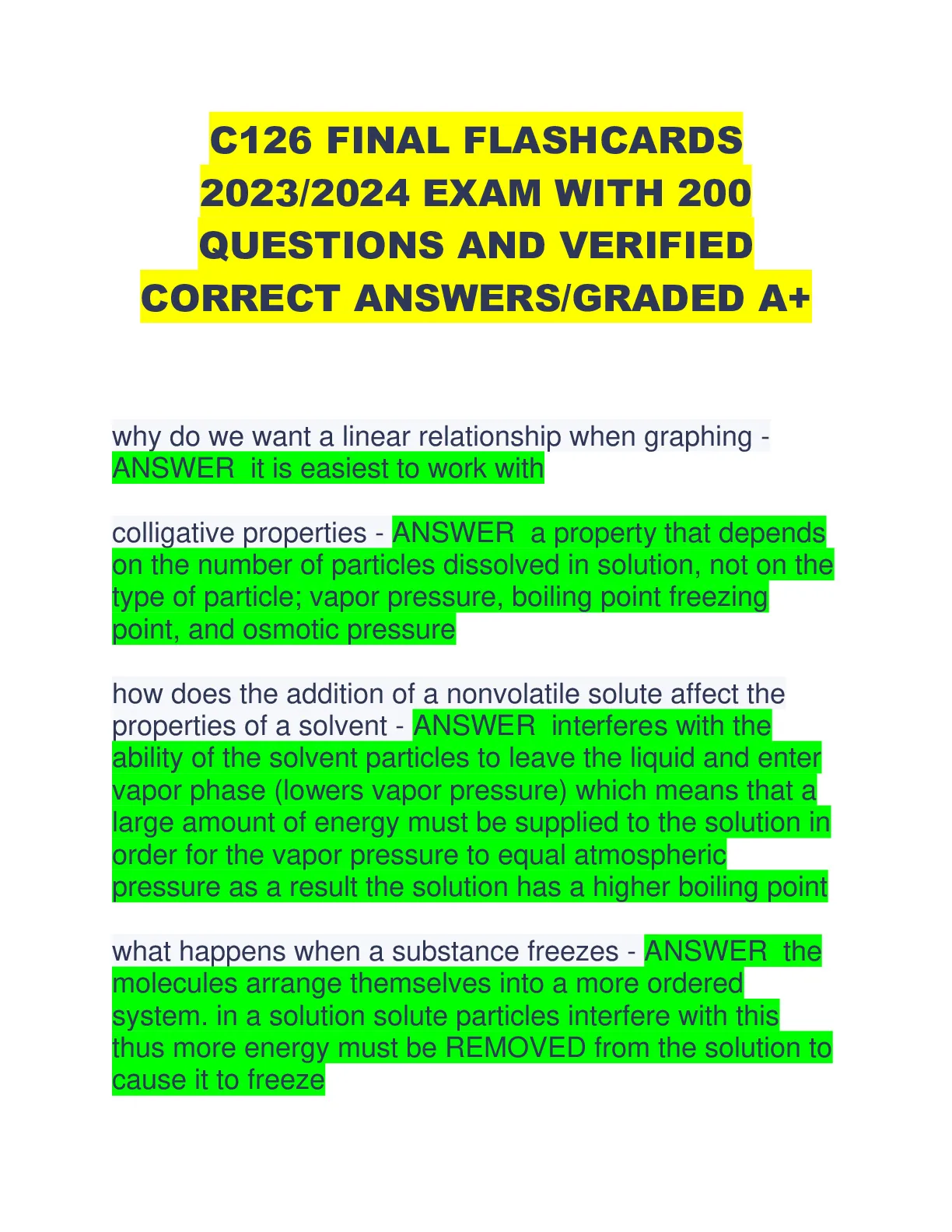 C126 FINAL FLASHCARDS 2023/2024 EXAM WITH 200 QUESTIONS AND VERIFIED ...