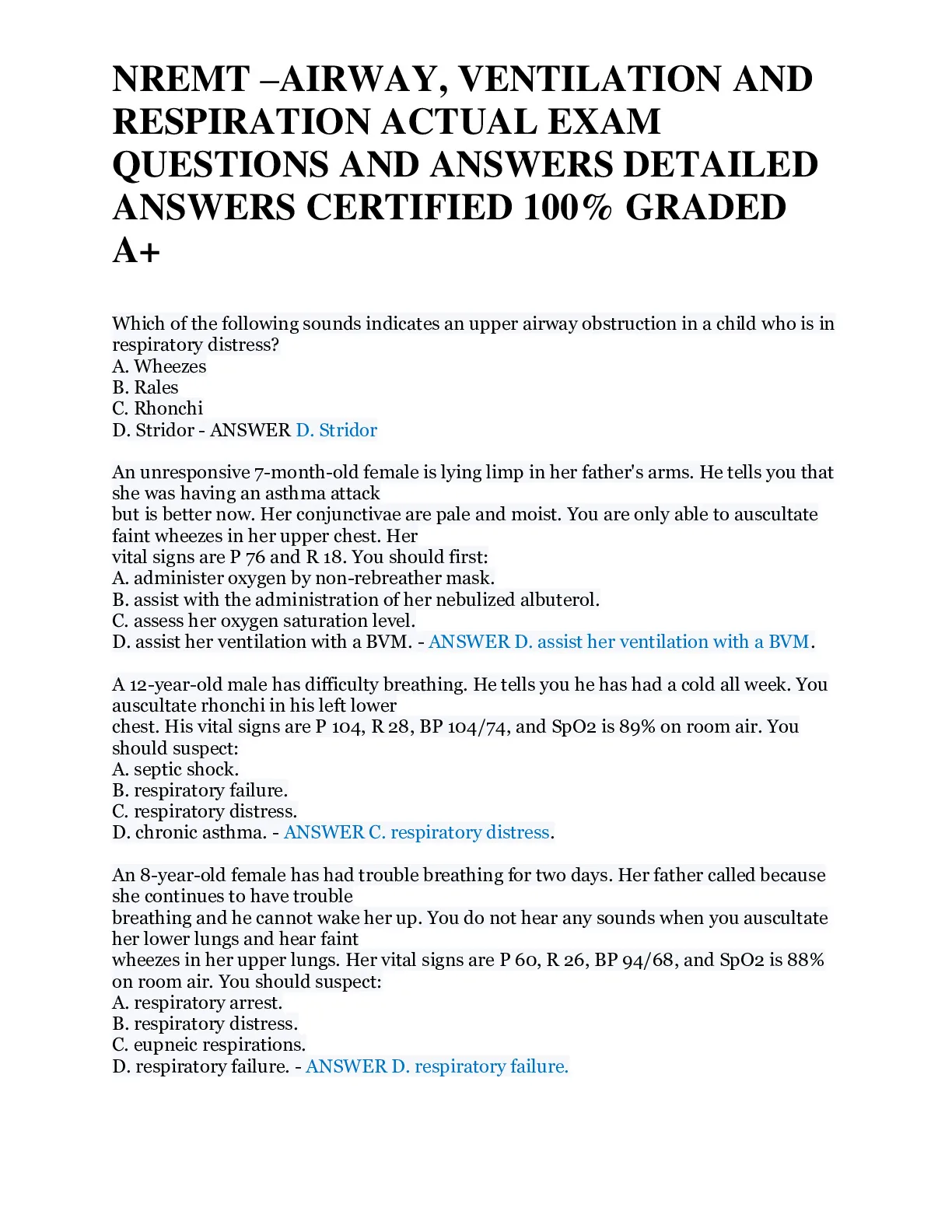 NREMT –AIRWAY, VENTILATION AND RESPIRATION AND ANSWERS DETAILED ANSWERS ...