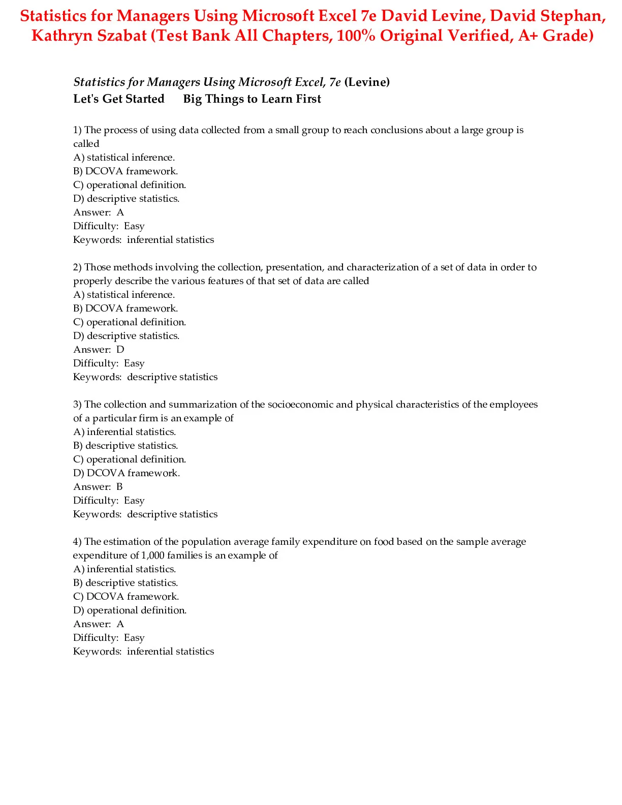 Test Bank For Statistics for Managers Using Microsoft Excel 7th Edition ...