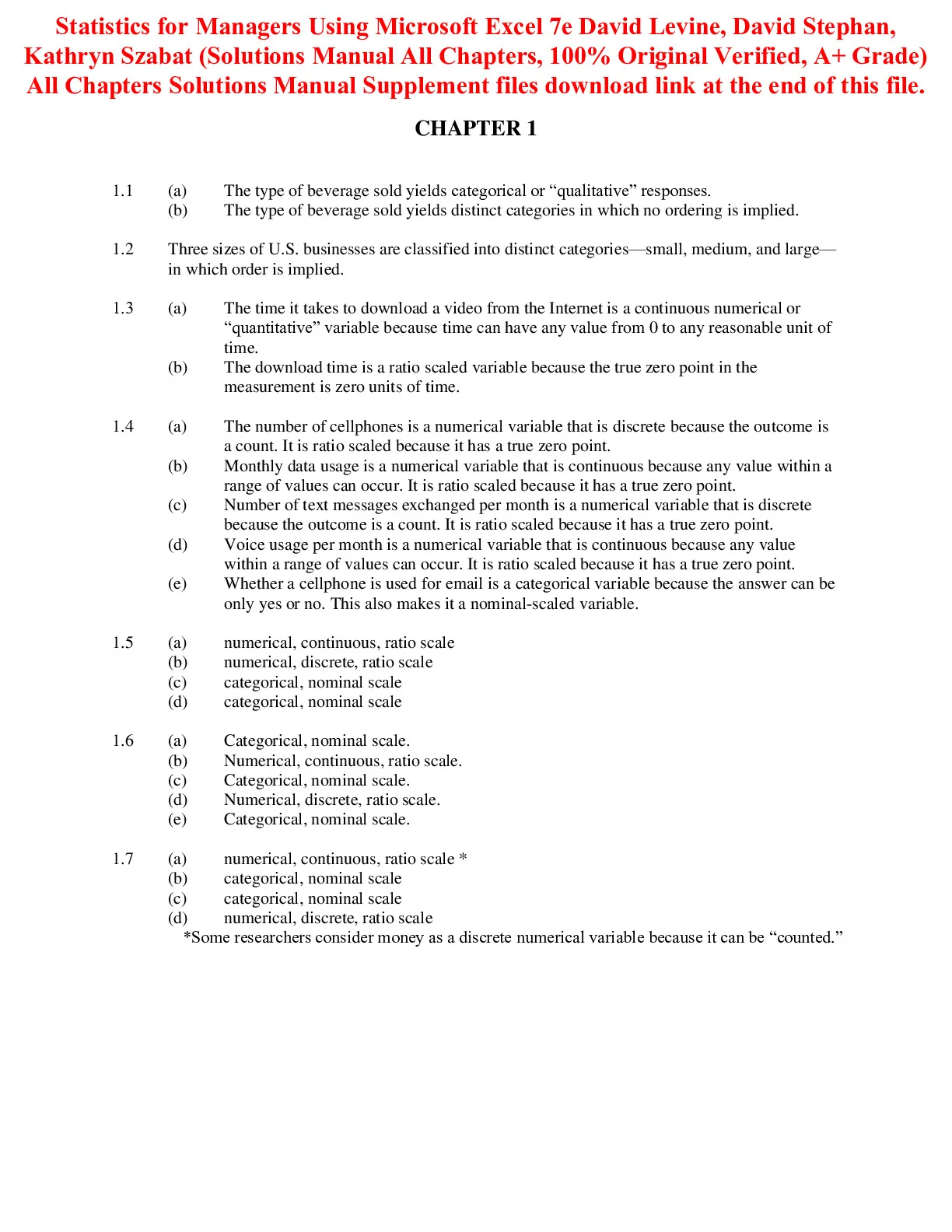 Test Bank For Statistics for Managers Using Microsoft Excel 7th Edition ...