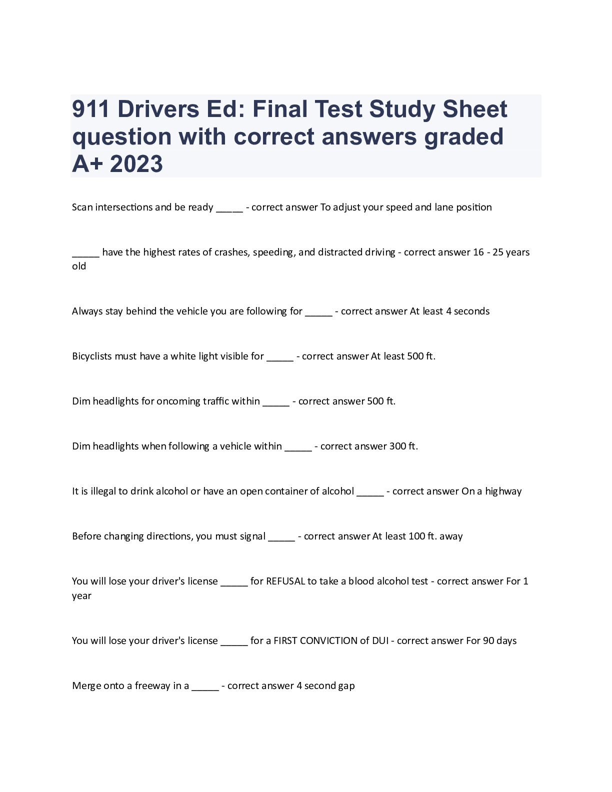 911 Drivers Ed Final Test Study Sheet questions with complete solution ...
