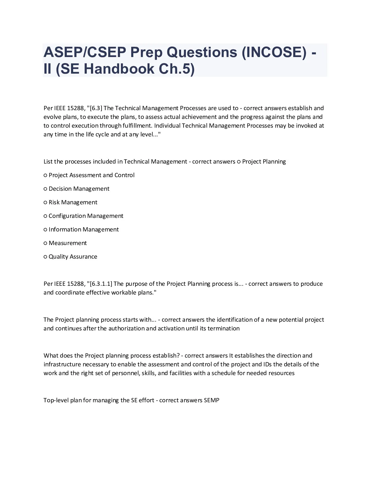 ASEP CSEP Prep Questions (INCOSE) - II (SE Handbook Ch.5) Question and ...