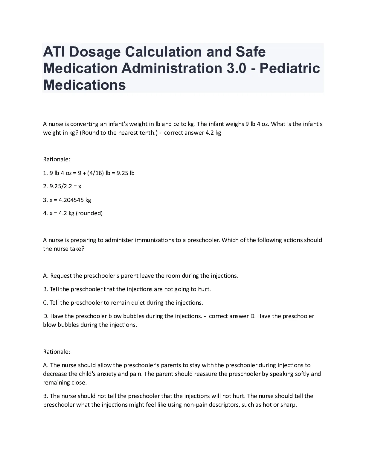 ATI Dosage Calculation and Safe Medication Administration 3.0 ...