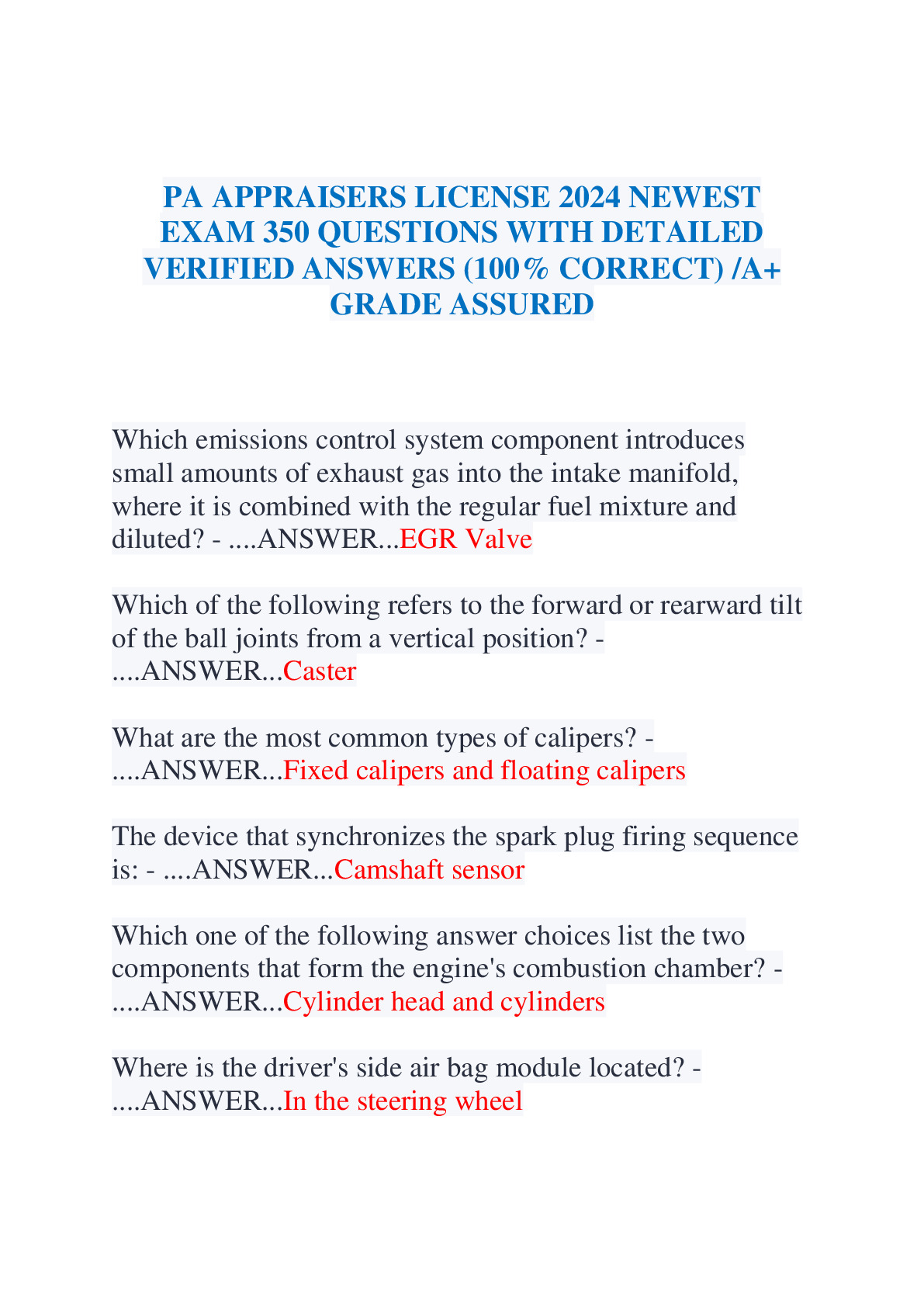 PA APPRAISERS LICENSE 2024 NEWEST EXAM 350 QUESTIONS WITH DETAILED