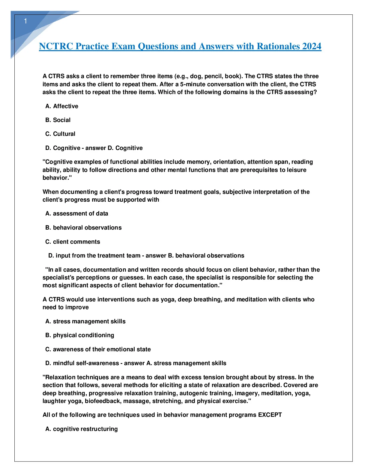 NCTRC Exams with Questions and Answers 2024. - DocMerit