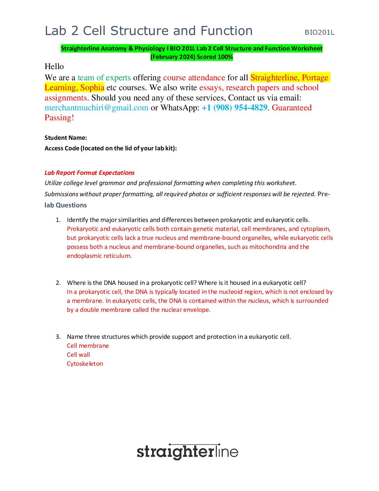 Straighterline Anatomy and Physiology I BIO 201L Lab 2 Cell Structure ...