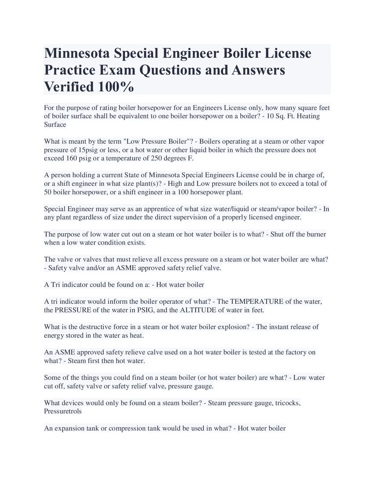 Minnesota Special Engineer Boiler License Practice Exam Questions and ...