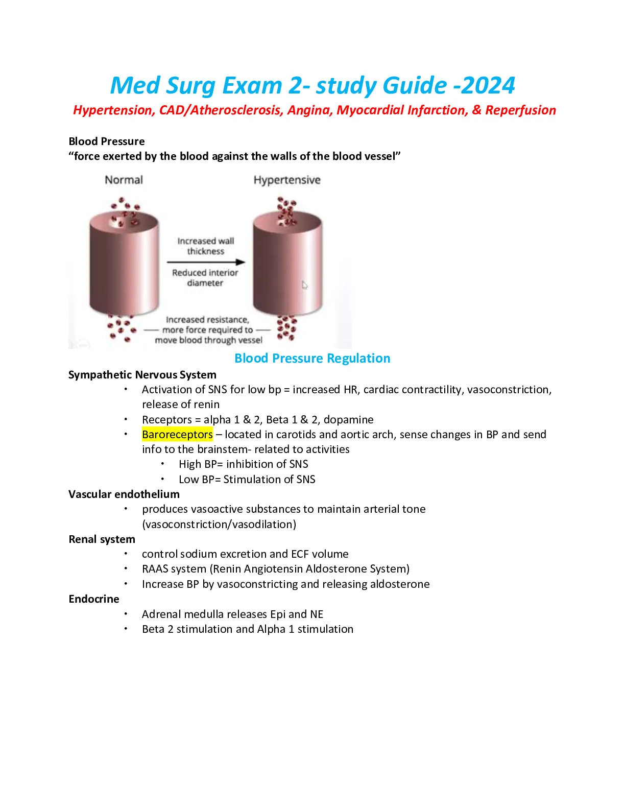 Med Surg Exam 2- study Guide -2024 Hypertension, CAD/Atherosclerosis ...