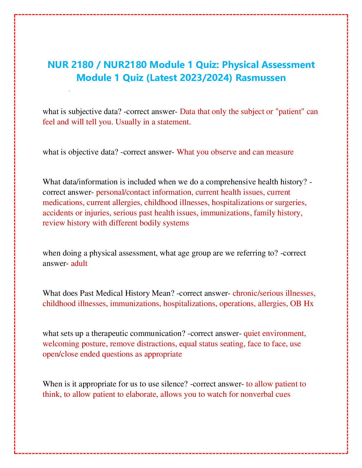 NUR2180 Module 1 Quiz: Physical Assessment  Module 1 Quiz (Latest 2023/2024) Rasmussen