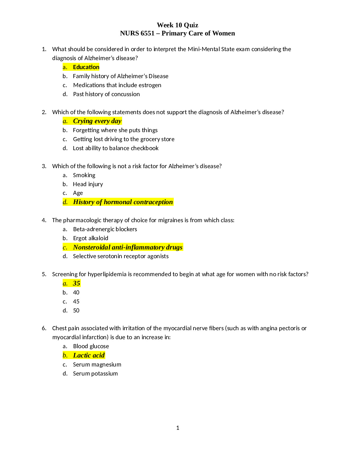 Week 10 Quiz NURS 6551 – Primary Care of Women