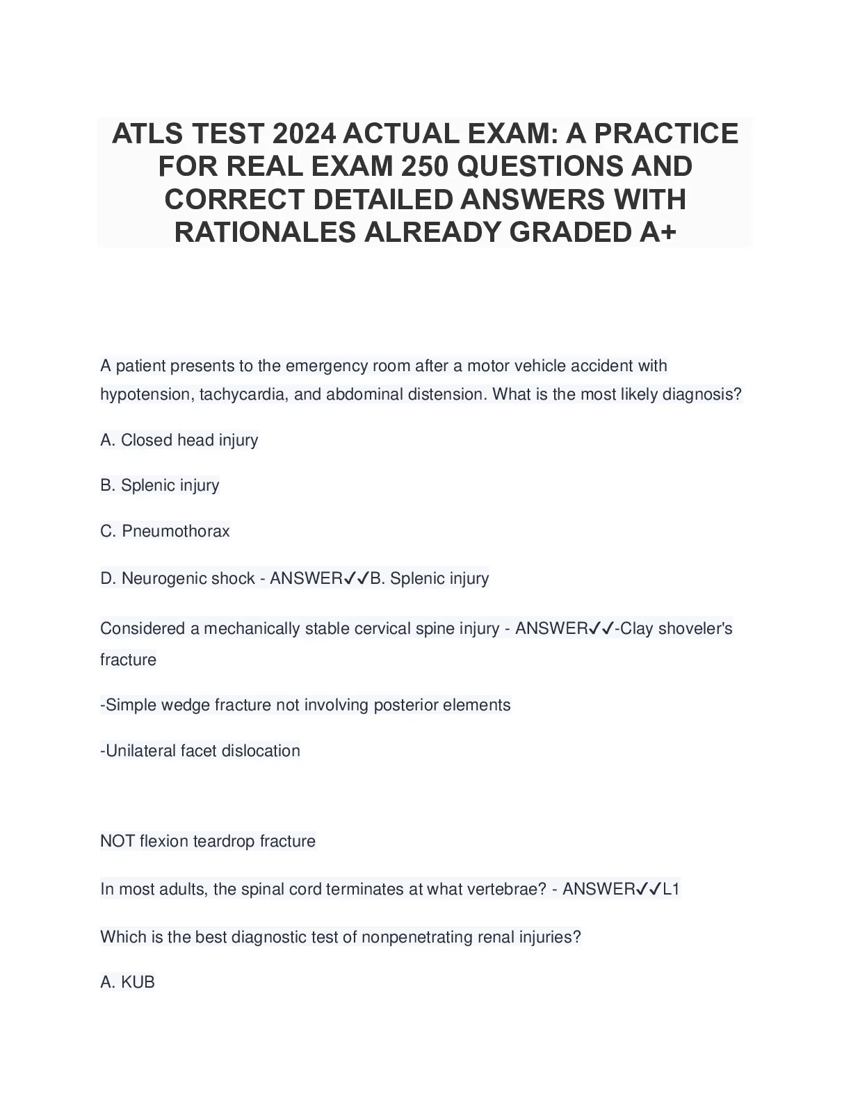 ATLS TEST 2024 A PRACTICE FOR 250 QUESTIONS AND CORRECT DETAILED ...