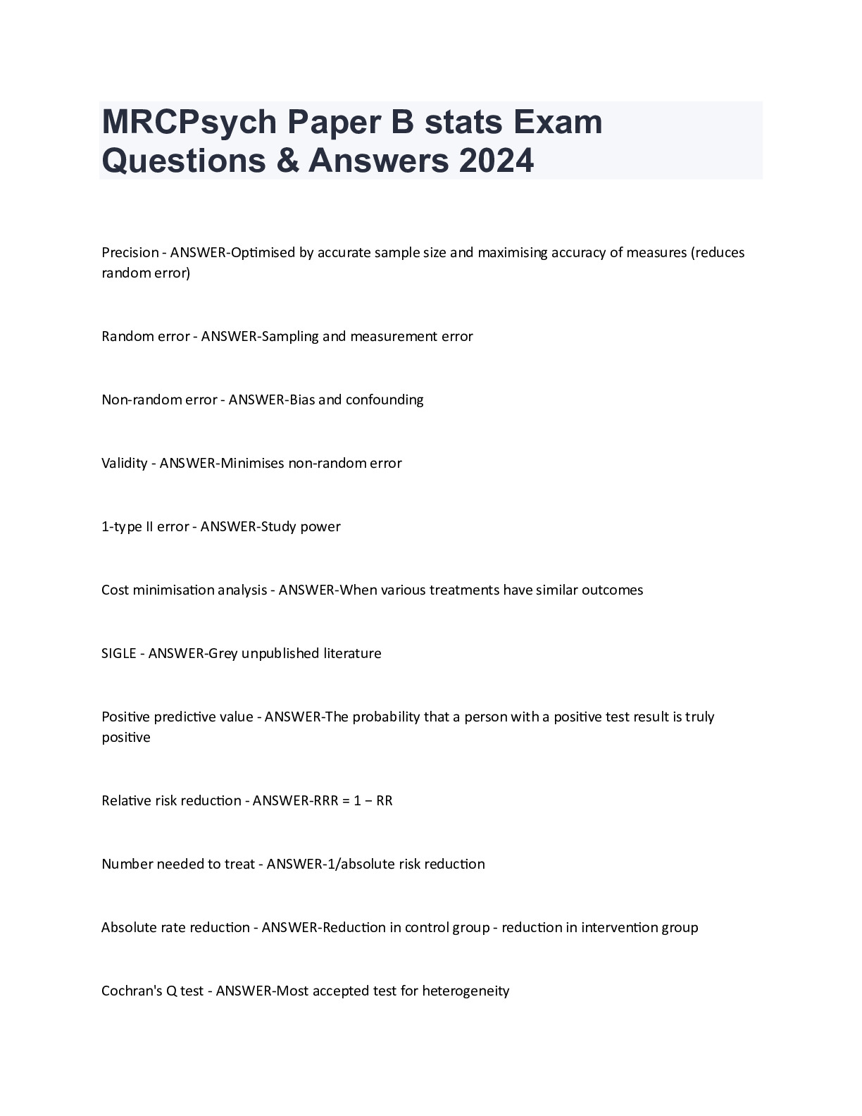 MRCPsych Paper B stats Exam Questions &amp; Answers 2024 - DocMerit