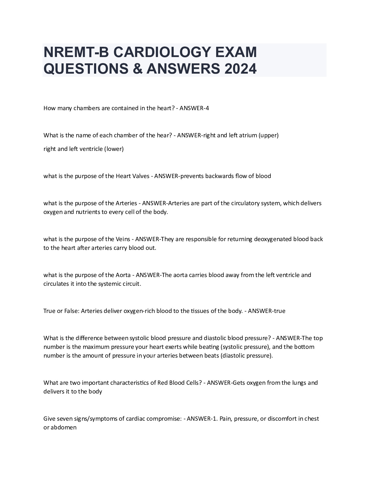 NREMTB CARDIOLOGY EXAM QUESTIONS & ANSWERS 2024 DocMerit
