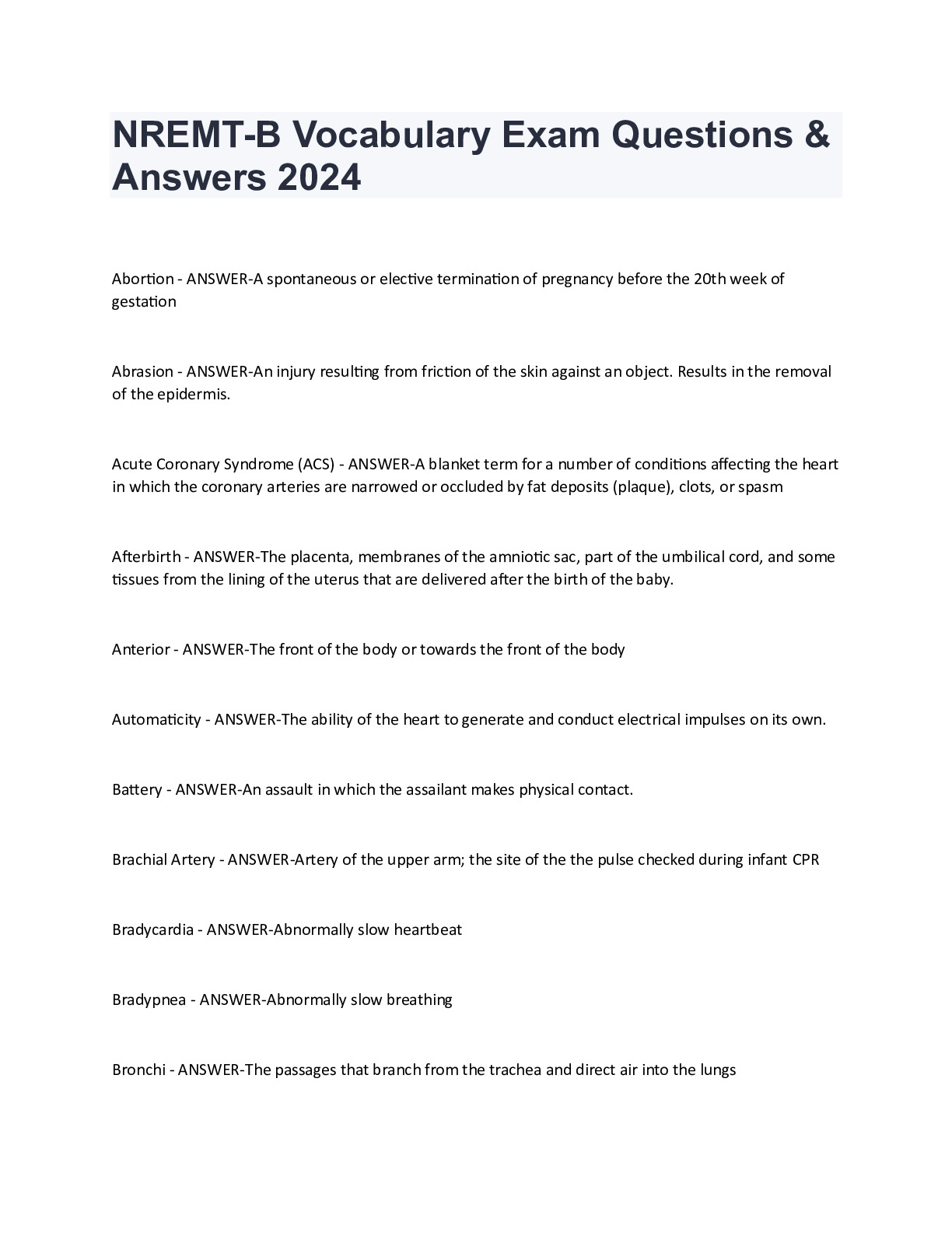 NREMT-B Vocabulary Exam Questions & Answers 2024 - DocMerit