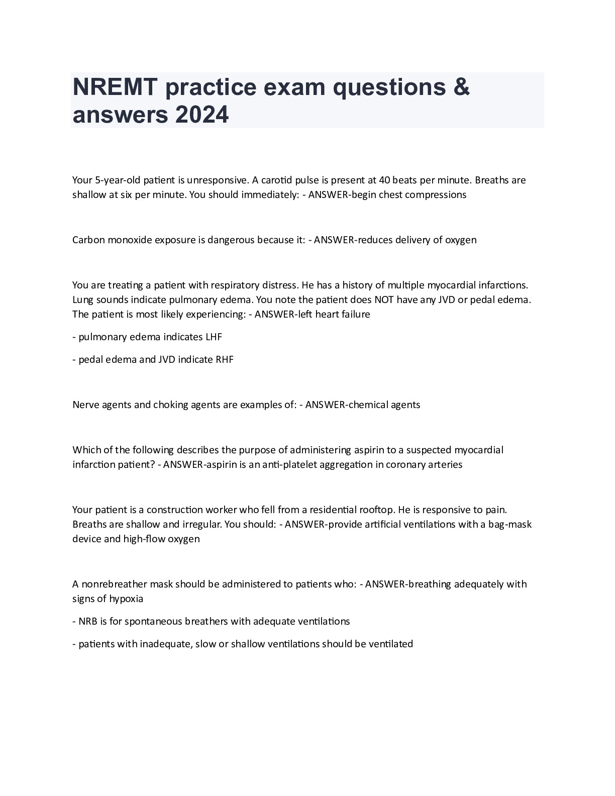 NREMT Practice Exam Questions & Answers 2024 - DocMerit