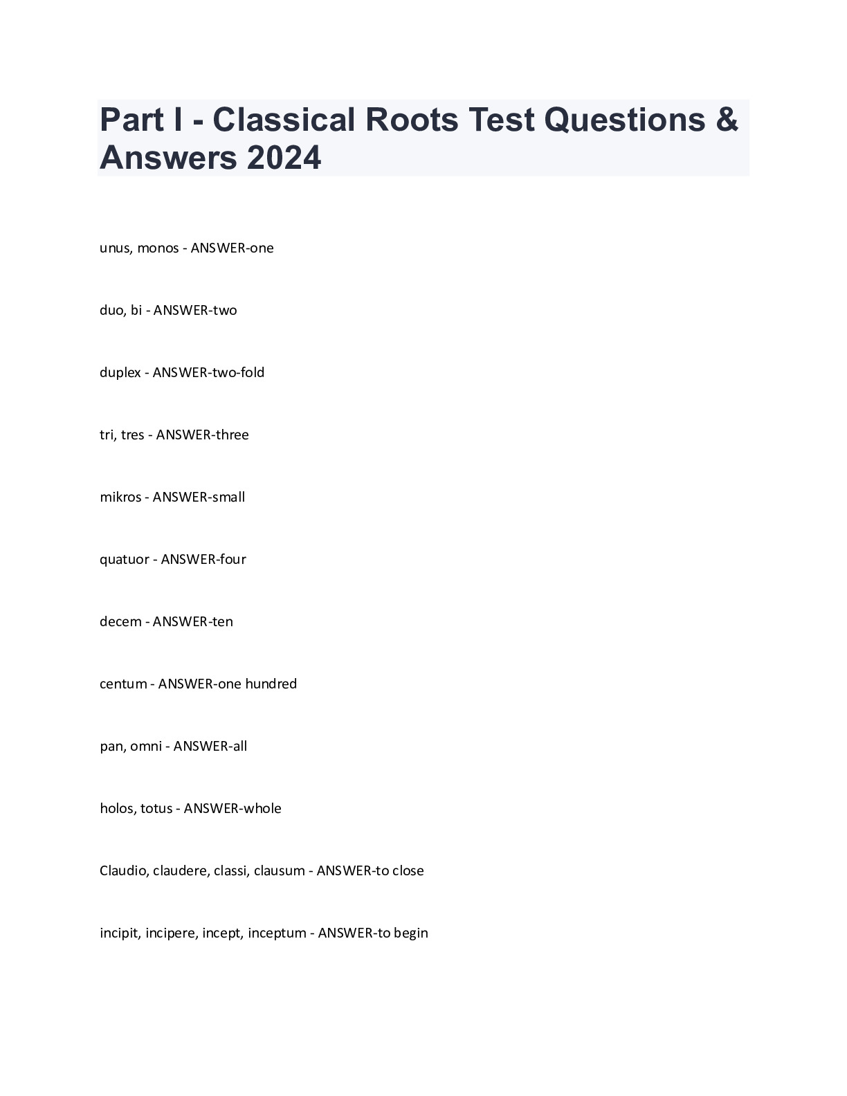 Part I - Classical Roots Test Questions & Answers 2024 - DocMerit