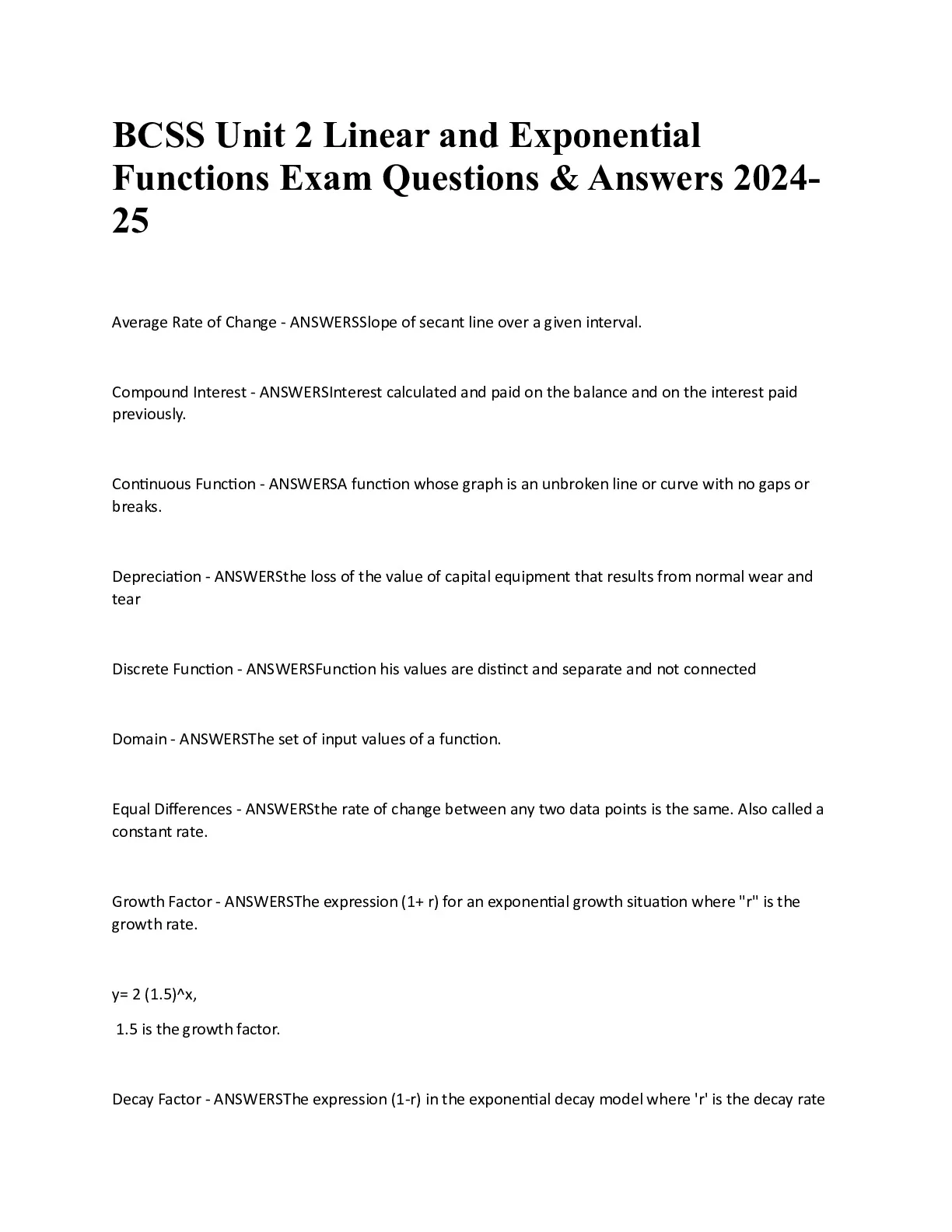 BCSS Unit 2 Linear and Exponential Functions Exam Questions and Answers ...