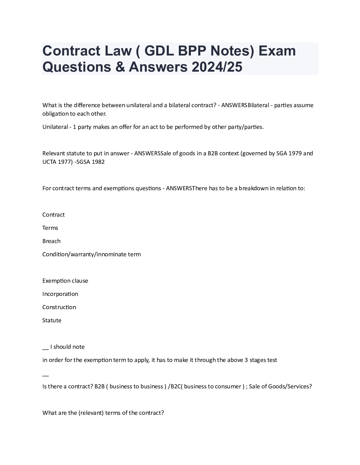 Contract Law ( GDL BPP Notes) Exam Questions &amp; Answers 2024/25 