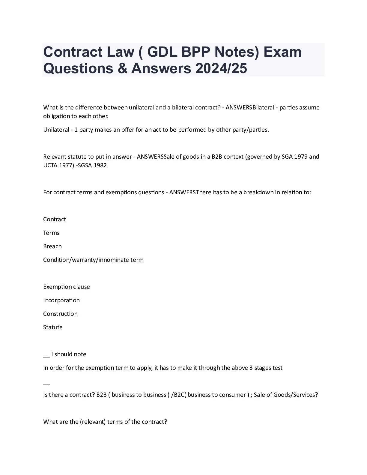Contract Law ( GDL BPP Notes) Exam Questions and Answers 2024/25 - DocMerit