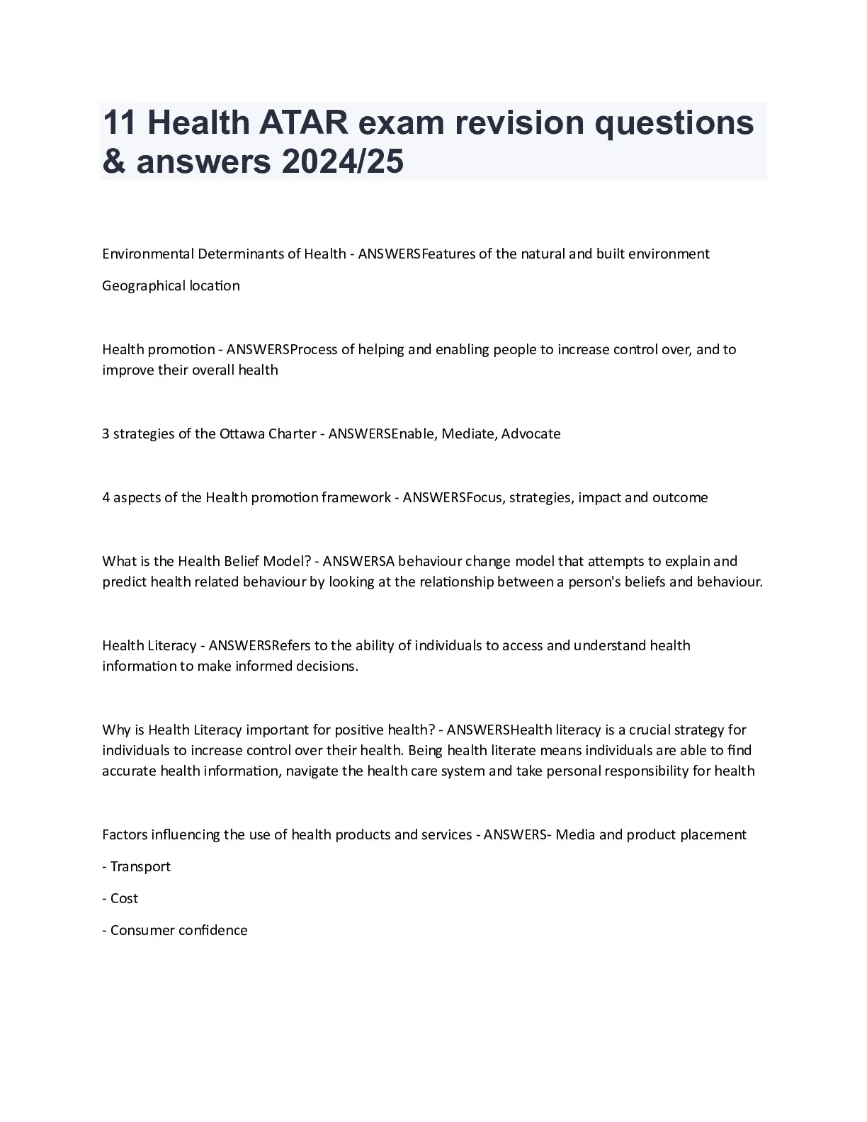 11 Health ATAR exam revision questions and answers 2024/25 - DocMerit