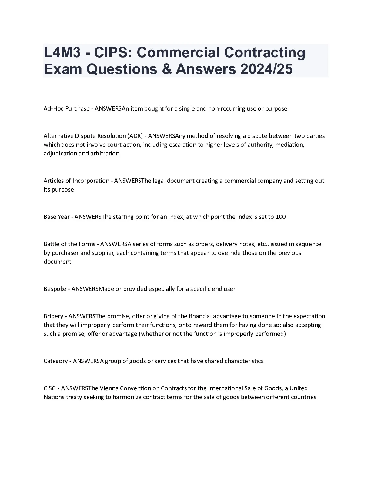 L4M3 - CIPS: Commercial Contracting Exam Questions and Answers 2024/25 ...