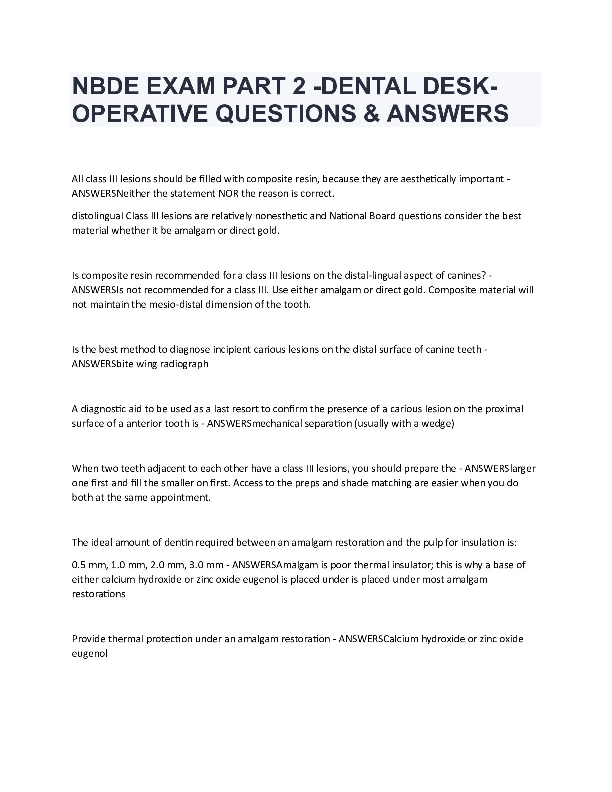 NBDE EXAM PART 2 -DENTAL DESK-OPERATIVE QUESTIONS &amp; ANSWERS - DocMerit