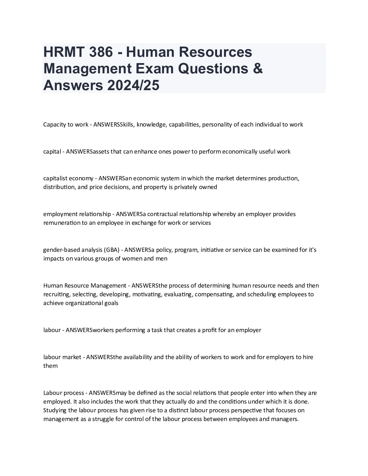 HRMT 386 - Human Resources Management Exam Questions and Answers 2024/ ...