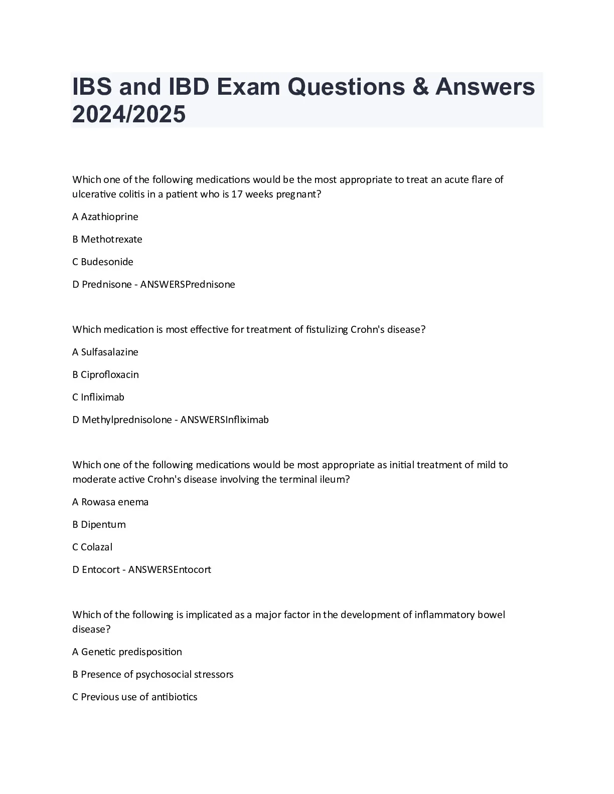 IBS and IBD Exam Questions and Answers 2024/2025 - DocMerit