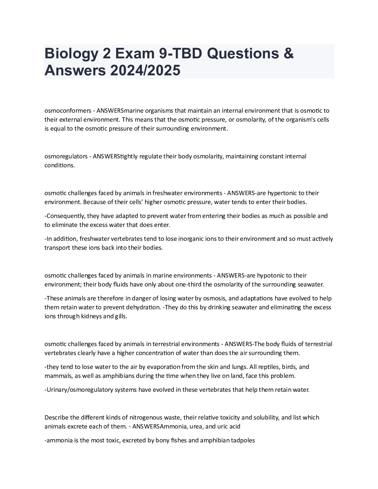 Biology 2 Exam 9-TBD Questions & Answers 2024/2025