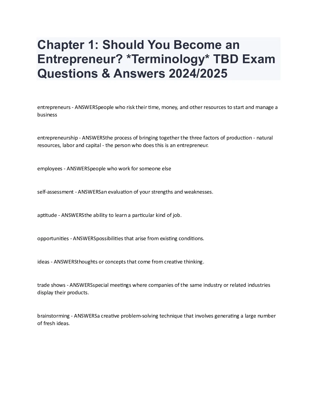 Chapter 1: Should You Become an Entrepreneur? *Terminology* TBD Exam ...