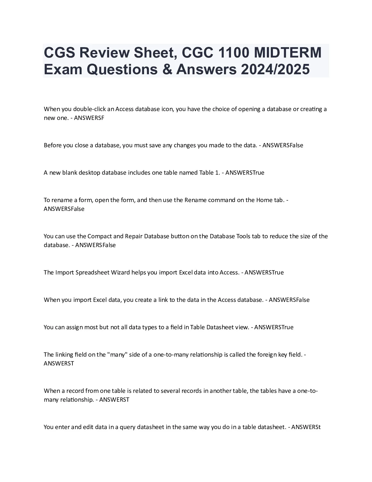 CGS Review Sheet, CGC 1100 MIDTERM Exam - DocMerit