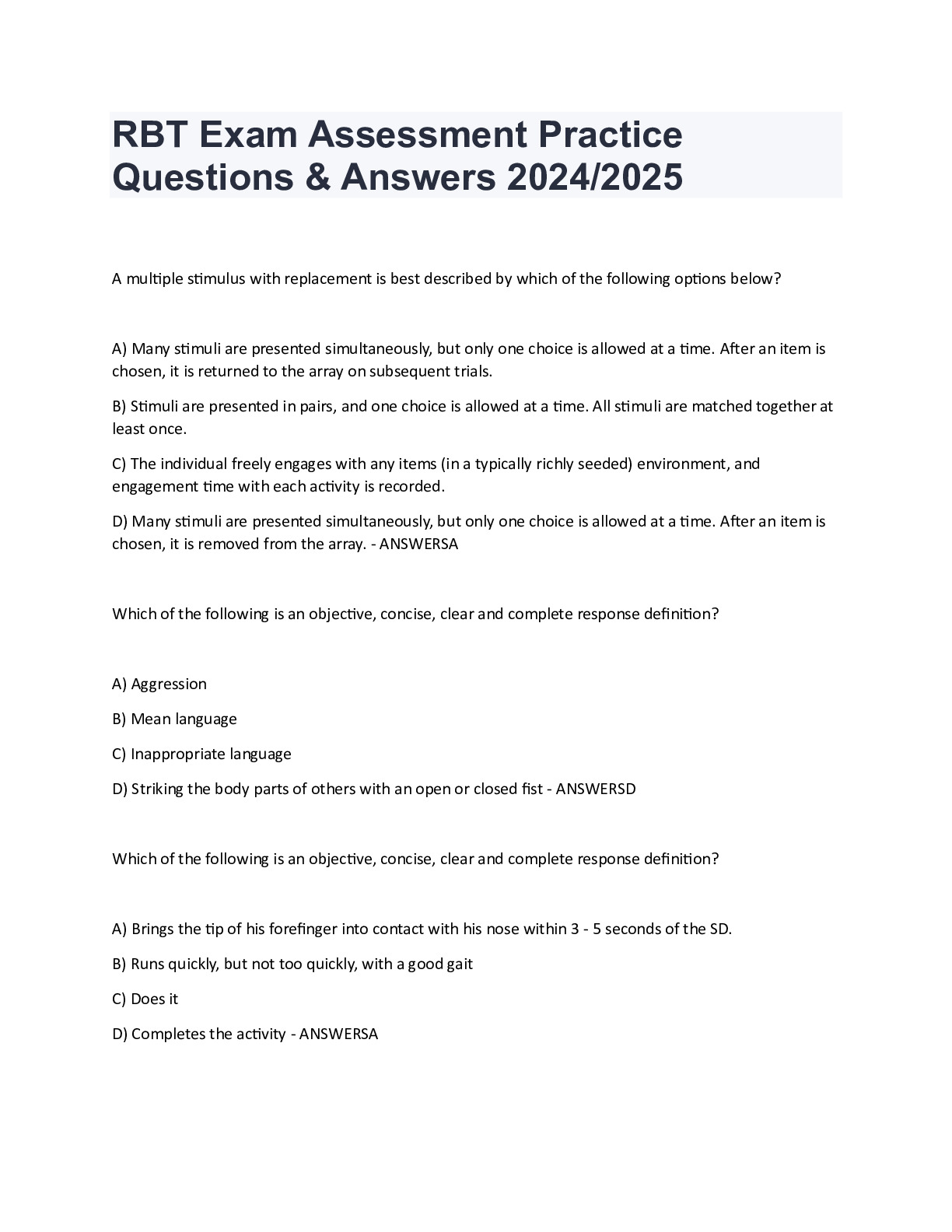 RBT Exam Assessment Practice Questions & Answers 2024/2025 - DocMerit