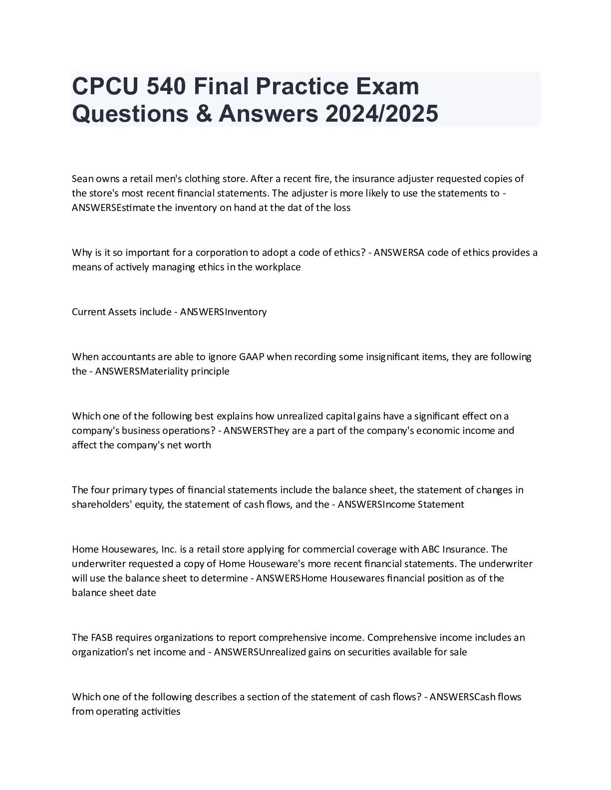 CPCU 540 Final Practice Exam Questions and - DocMerit