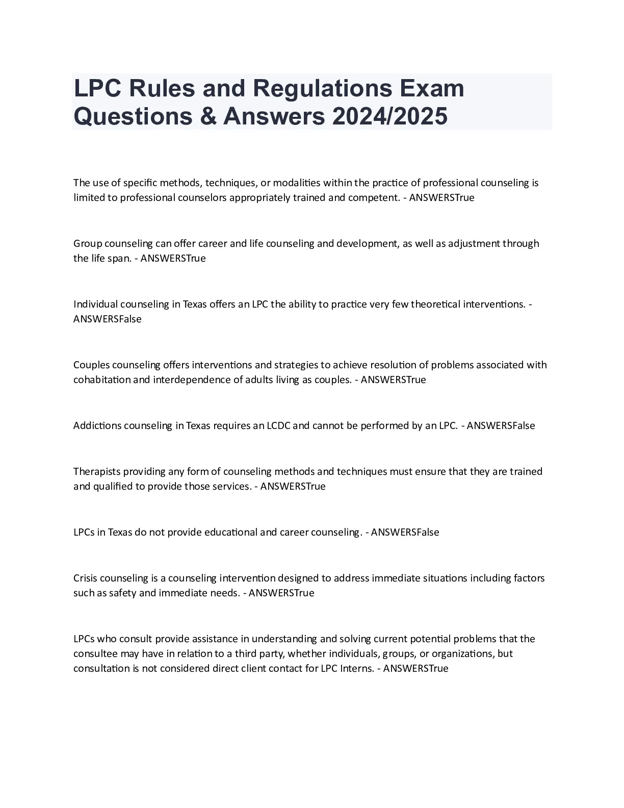 LPC Rules and Regulations Exam Questions and Answers 2024/2025 - DocMerit