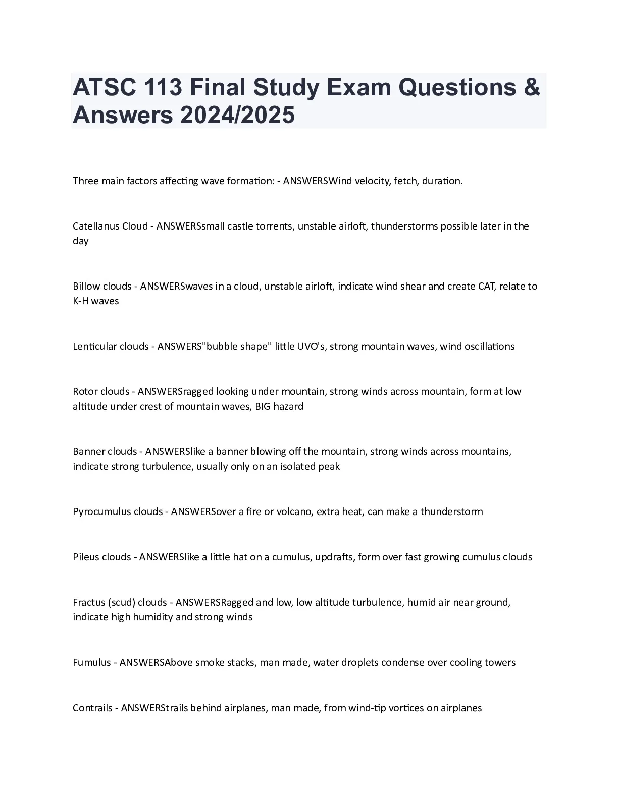 ATSC 113 Final Study Exam Questions and Answers 2024/2025 - DocMerit
