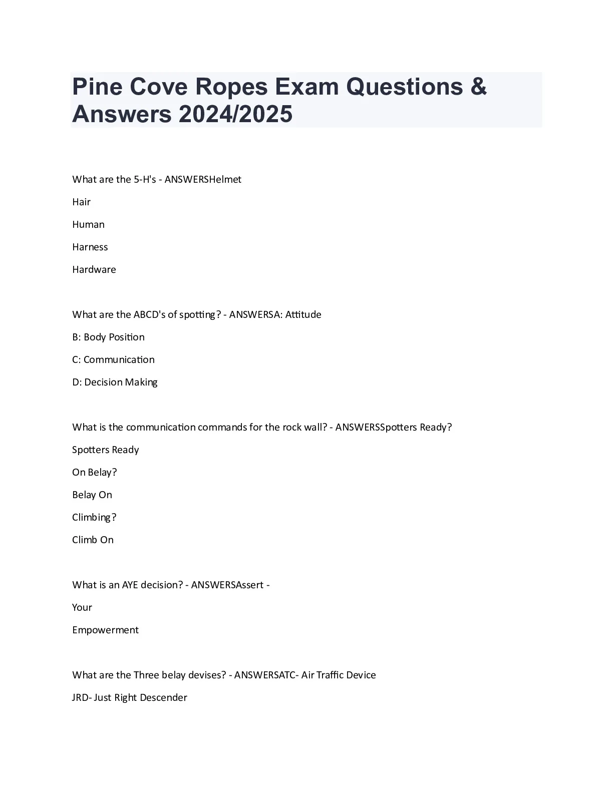 Pine Cove Ropes Exam Questions and Answers 2024/2025 - DocMerit
