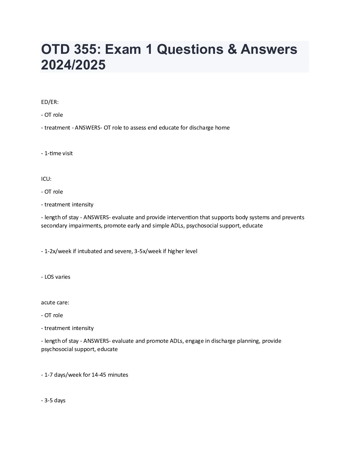 OTD 355: Exam 1 Questions and Answers 2024/2025 - DocMerit