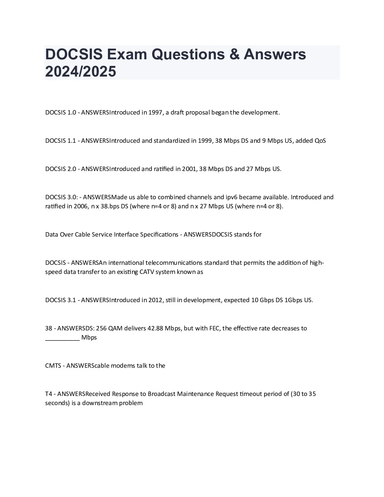 DOCSIS Exam Questions and Answers 2024/2025 - DocMerit