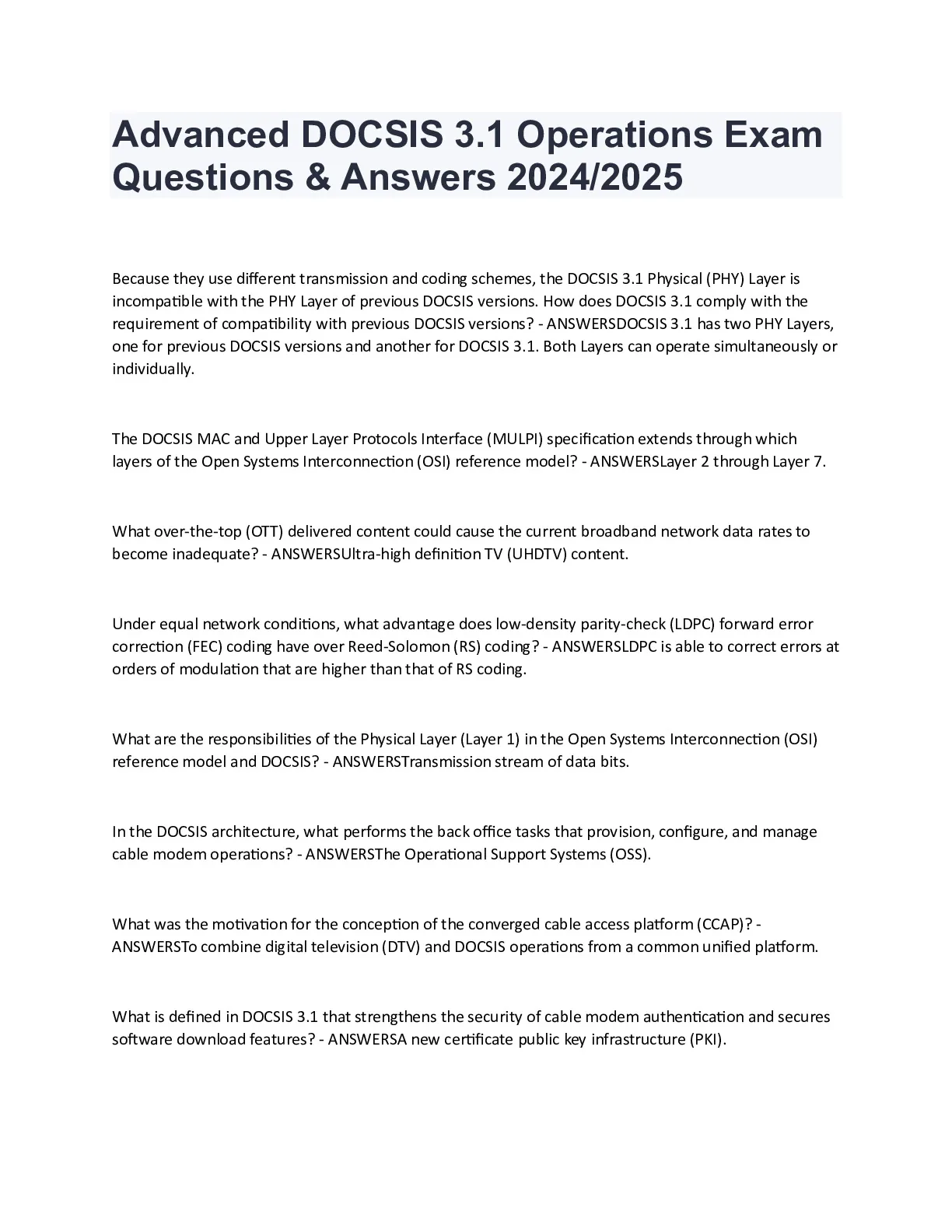 Advanced DOCSIS 3.1 Operations Exam Questions and Answers 2024/2025 ...