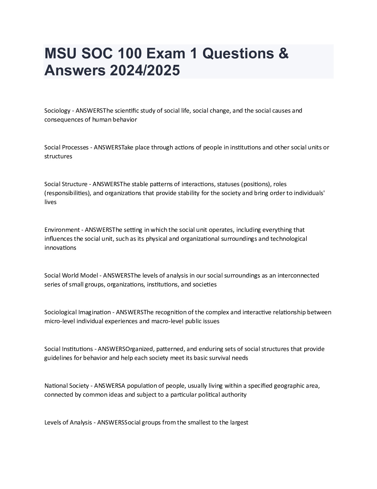MSU SOC 100 Exam 1 Questions & Answers 2024/2025 - DocMerit